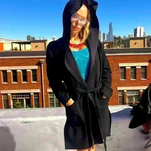 Zara BasicLong wrap tie hooded versatile Blazer Black xs